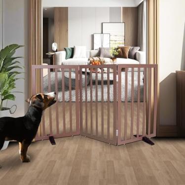 Imagem de SFJC Portão interno para cães, cerca independente para casa, portas, corredores ou escadas, portão para animais de estimação dobrável de madeira, expansível 81 cm de altura, 3 painéis, marrom