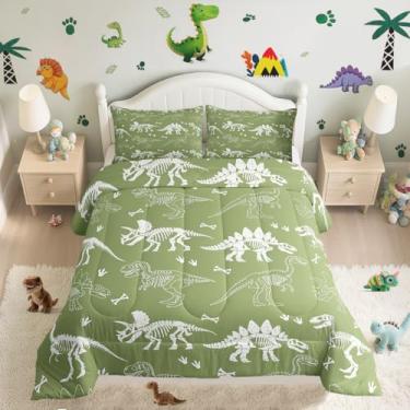 Imagem de meiyoeat Jogo de cama king size com ossos de dinossauro, fósseis de dinossauro, animais selvagens, para meninos e adolescentes, respirável, verde e branco, 1 edredom com 2 fronhas
