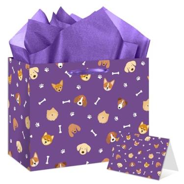 Imagem de HSKMAKE Saco de presente de cachorro roxo grande com estampa de pata de cachorro com cartão e papéis de seda para homens, mulheres, meninos, meninas, crianças, suprimentos para lembrancinhas de festa
