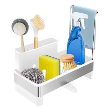 Imagem de Organizador de pia de cozinha, suporte de esponja para pia de cozinha com suporte de escova de louça, bandeja de drenagem automática, rack de drenagem de esponja, bancada organizadora de pia de aço