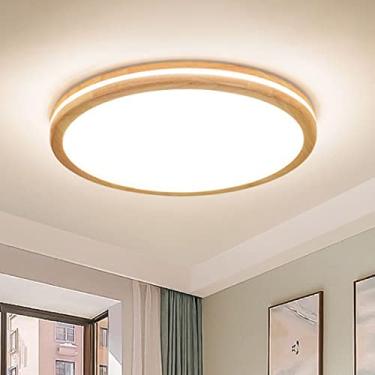 Imagem de Luminária de teto LED de madeira para sala de estar, vintage, rústica, regulável, com controle remoto, abajur redondo de acrílico branco, luminária de teto de 50 cm, lâmpada de quarto, ilumi