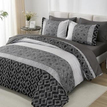 Imagem de Conjunto de edredom masculino California King, listrado, preto, cinza, cali, para outono, 7 peças, edredom com lençol cinza escuro para todas as estações