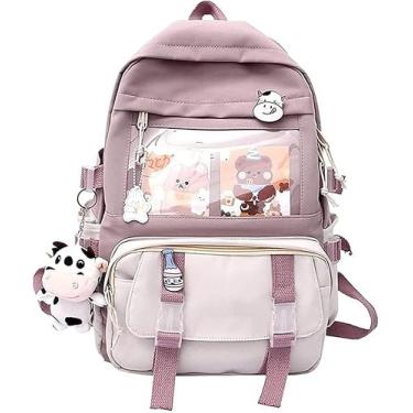 Imagem de Linda Mochila Pastel, Mochila Kawaii Para Meninas Adolescentes Mochilas Estéticas Para Estudantes Com Pin Kawaii E Acessórios Fofos, Pink-f