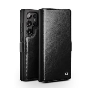 Imagem de Capa flip para Samsung Galaxy S24/S24 Plus/S24 Ultra com fivela magnética, capa de telefone de couro genuíno com compartimento para cartão e suporte, proteção de lente premium Business Case preta