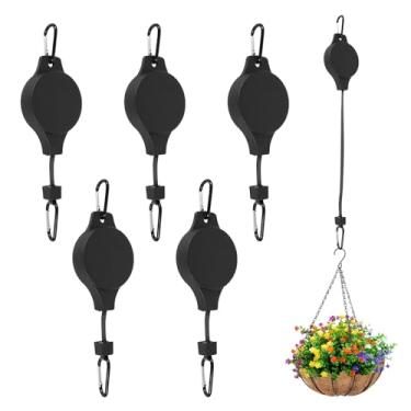 Imagem de 6 peças de polias de plantas retráteis atualizadas com trava automática para pendurar gancho ajustável ou vasos de cestas de jardim interno e externo, alimentador de pássaros (preto, 6)