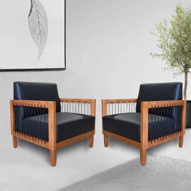 Imagem de Kit 2 Poltronas Sala de Estar Pés Madeira Maciça Corda Náutica Preta 75cm Manila PU Preto G63 - Gran Belo
