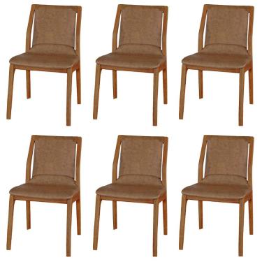 Imagem de Kit 6 Cadeiras Decorativas Sala de Jantar Madeira Maciça Bruyne PU Marrom - Gran Belo