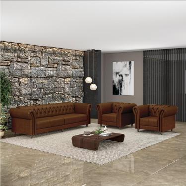 Imagem de Conjunto Sala de Estar 1 Sofá Living 240cm e 2 Poltronas Stanford Chesterfield Pés Madeira Couro Marrom Manchado G58 - Gran Belo