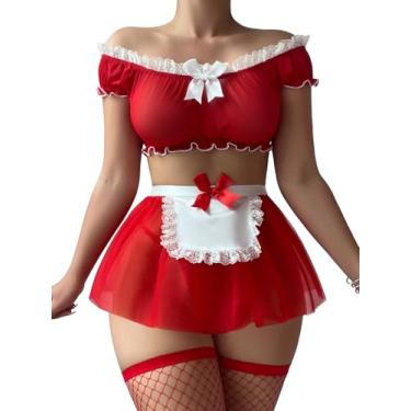 Imagem de Foxiny Mini saia sexy de malha de renda transparente para Halloween, roupa de empregada doméstica, conjunto de 4 peças, Vermelho, XX-Small