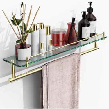 Imagem de KOCOK Prateleira de banheiro flutuante de vidro temperado de 61 cm com barra de toalha - ouro escovado e aço inoxidável, suporte na parede