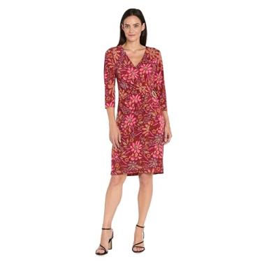 Imagem de R&M Richards Vestido feminino com estampa floral na altura do joelho com fivela lateral dourada - Roupa formal de manga comprida, Vermelho, 42