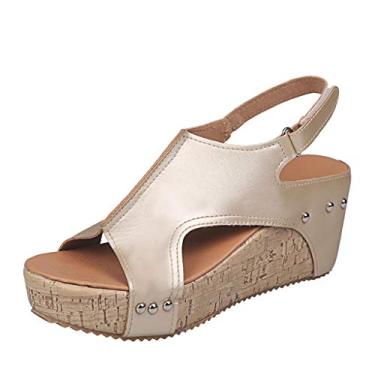 Imagem de Bigfanshu Sandálias femininas de praia respiráveis de bico aberto Rome casual cor sólida sapatos anabela, Marfim, 37 BR