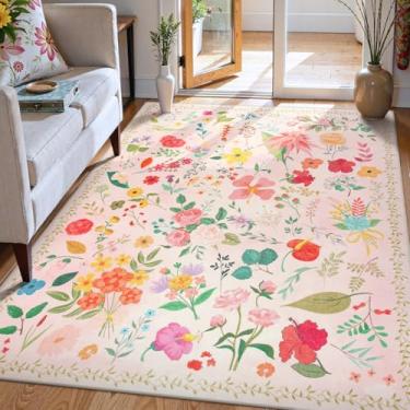 Imagem de Tapete floral para quarto, 10 x 15 cm, lavável, boho, antiderrapante, tapete pequeno, para quarto, cabeceira, quarto de crianças, escritório, sala de jogos, entrada, sala de jantar