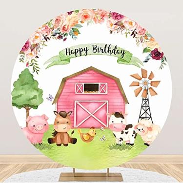 Imagem de Laeacco 2 x 2 m, aniamls de fazenda, feliz aniversário, pano de fundo redondo para crianças, celeiro rosa, festa de aniversário, arco, desenho animado, animais de fazenda, chá de bebê, pano de fundo