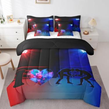 Imagem de Manfei Conjunto de cama King com edredom esportivo de luta livre, 7 peças, vermelho e azul em uma bolsa com edredom, lençóis e fronhas, decoração de quarto de crianças e adolescentes