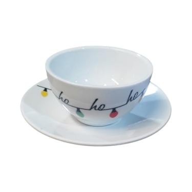 Imagem de Jogo Cumbuca 500ml E Prato Sobremesa 19cm Porcelana Natalina Elegante Mesa Posta Presente Natal Só Art's® (Luzes Ho Ho Ho)