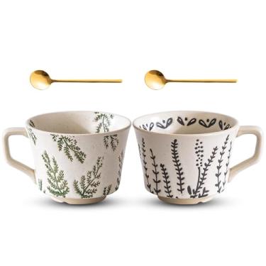 Imagem de Noevany Conjunto de 2 canecas de café 325 ml, copos de porcelana para latte, chá quente, cappuccino, cacau, sopa, máquina de lavar louça, seguro para micro-ondas, conjunto de presente de Natal (folha
