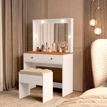Imagem de Penteadeira de Maquiagem com Luzes e Banqueta, 2 Gavetas e Design Elegante | Ideal para Quarto