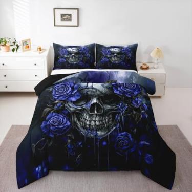 Imagem de Erosebridal Conjunto de edredom gótico de Halloween, rosa, crânio, azul marinho, floral, tamanho casal, para adultos, homens e mulheres, esqueleto assustador, azul e roxo