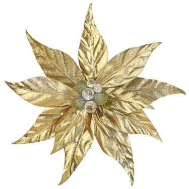 Imagem de DILATATA 3 peças de flores artificiais de Natal 33 cm palhetas de poinsétia com purpurina, enfeites de árvore de Natal, decorações de topo de flores douradas para Natal, guirlanda de ano novo