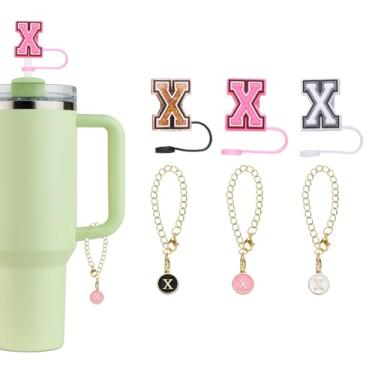 Imagem de 3 peças de acessórios de pingente de letra com 3 peças de tampa de canudo de 9 mm para copo Stanley, tampa de vazamento de silicone com letra inicial para nome e identidade, pingente personalizado