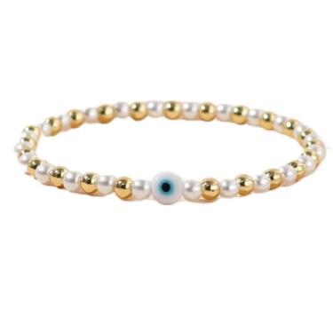 Imagem de Pulseiras femininas com contas douradas e olho turco, feitas à mão, boêmio, empilhável, amizade, contas brancas, bola, elástico, presente de joias de verão e praia.