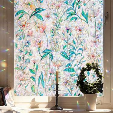 Imagem de ADD.HERES Película de privacidade para janela, adesivos de janela florais coloridos, adesivos estáticos de buquê faça-você-mesmo removíveis, decalques para suprimentos de festa em casa, escola