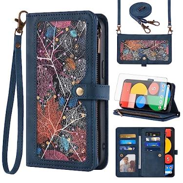 Imagem de Asuwish Capa de celular para Google Pixel 5 carteira com protetor de tela e alça de pulso transversal de couro com estampa flip zíper suporte para cartão de crédito celular Pixel5 5G Pixle Five G5