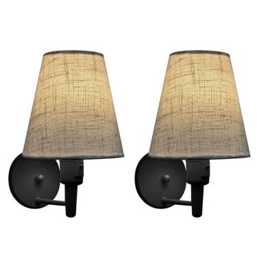 Imagem de Kit-2 Arandela Cone Md-2013 Preto C- Inter Liga E Desl Cúpula Em Tecido Rustico Bege - Bivolt