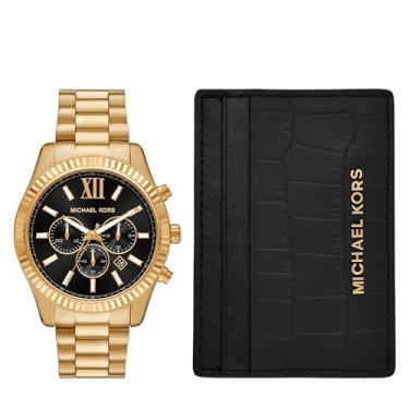 Imagem de Michael Kors Conjunto de relógio masculino Lexington de aço inoxidável dourado com cronógrafo (modelo: MK9245SET)