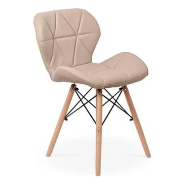 Imagem de Cadeira de Escritório com Rodízios e Assento Estofado – Base em Madeira e Metal para Home Office e Estudo (Bege Pés de Madeira)