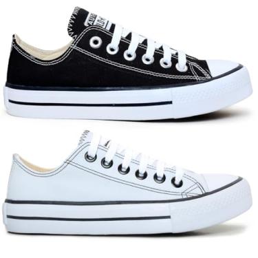 Imagem de Kit 2 Pares Tenis Casual Feminino Masculino All Kalum Star Vulcanizado Confortavel (PRETO + BRANCO SINTÉTICO, BR, Adulto, Numérico, 36)