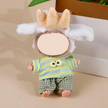 Imagem de Compatível com Labubu (sem boneca) – faixa de cabeça de coelho coroa + top listrado amarelo + calça xadrez verde conjunto para bonecas de pelúcia de 15 cm/17 cm