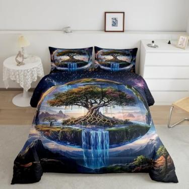 Imagem de Conjunto de edredom solteiro árvore da vida para crianças, adultos, natureza, montanha, rio, decoração de quarto de crianças, adolescentes, universo, galáxia com glitter, 2 peças, enchimento de