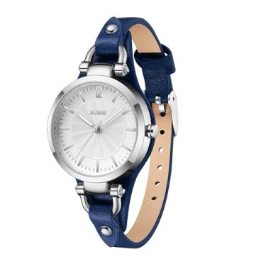 Imagem de BUREI Relógios femininos simples pulseira de couro relógio de quartzo de luxo pequeno fino feminino pulseira pulseira relógio de pulso feminino (prata azul)