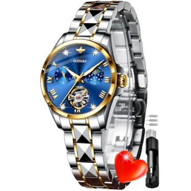 Imagem de OLEVS OUPINKE Relógio de pulso feminino com diamante, mecânico, automático, elegante, luxuoso, esqueleto, impermeável, para mulheres, 3202: azul
