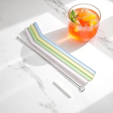 Imagem de Generic 1 conjunto de canudos, 4 canudos reutilizáveis com escova de limpeza, lavável à mão, vidro de borossilicato alto, rosa, verde, azul, amarelo, 20 x 0,8 cm