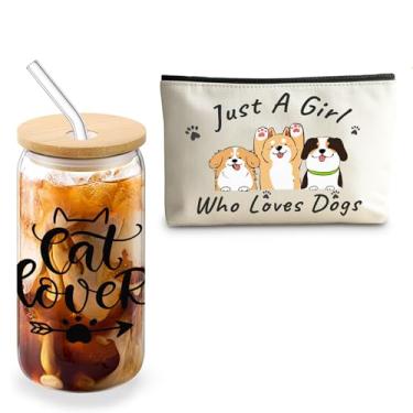 Imagem de BUZCOZY Conjunto de 2 peças de presente para amigos, bolsa de maquiagem com laço, copo de vidro com tampa e canudo, presente para mulheres, Amante de gatos, 8.2in*5.5in (Makeup Bag), 16 oz (Cup)