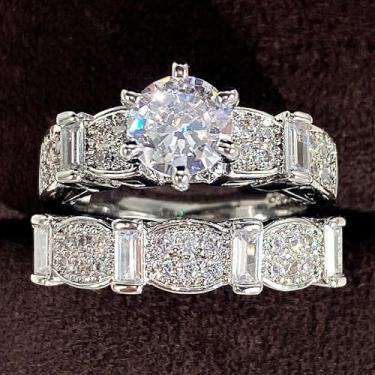 Imagem de 2 peças de anel de declaração de zircônia cúbica branca banhado a ouro branco acessório personalizado ideal para uso diário feminino casual festa feriado aniversário amor joia presente, 10, Cobre, Sem