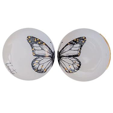 Imagem de Dupla de Pratos Decorativos Papillon 21 cm cada (com suporte) – Ornamento de Porcelana Branca com Borboleta e Detalhes Dourado com pó de Ouro para Decorações de Parede de Casa e Escritório