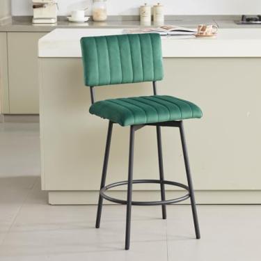 Imagem de MILCIL Banqueta giratória de altura com encosto, banco estofado de 66 cm com moldura de metal, encosto de assento canal, verde veludo