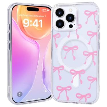 Imagem de SptPofp Capa magnética para iPhone 16 Pro Max fofa, design estético de fita de laços, capa transparente compatível com MagSafe sem fio macia amortecedora protetora durável fina capa de telefone para