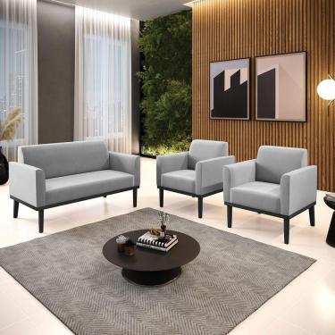 Imagem de Conjunto 2 Poltronas E 1 Namoradeira Decorativa Pés Fixo Em Madeira Preto Suede Cinza