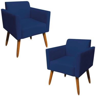 Imagem de Kit 02 Poltronas Pés Palito Madeira Suede Azul Marinho