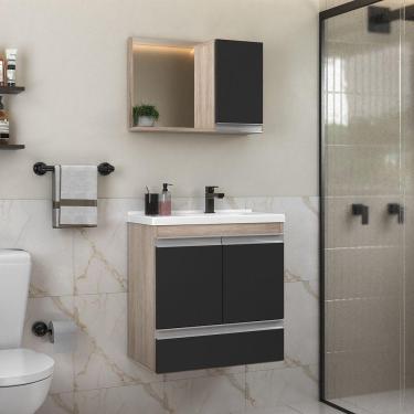 Imagem de Conjunto Gabinete Banheiro Fox 60cm (gabinete + Cuba + Espelheira) Madeirado Preto