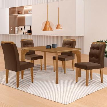 Imagem de Mesa Liz 120 Mdf Canto Copo E Com 4 Cadeiras Carol Veludo Marrom/naturalle/naturalle