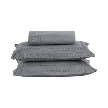 Imagem de Kit Colcha 3 Peças Queen Percal 300 Fios Bordado Inglês Home Paris - Cinza