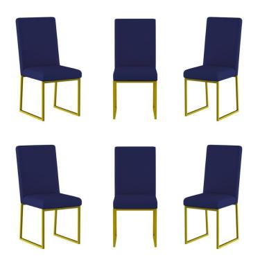 Imagem de Kit 6 Cadeiras Para Mesa De Jantar Base Industrial Dourado Balaqui Azul Marinho