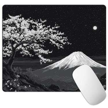 Imagem de Mouse pad preto flor de cerejeira, mouse pad japonês preto Sakura para laptop, lindo suporte estético Fuji Japão material de escritório para mesa, floral com base de borracha antiderrapante