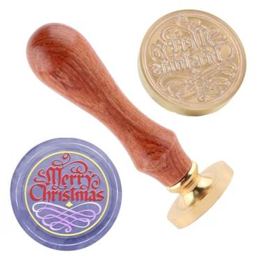 Imagem de Carimbo de lacre de cera de Natal Merry Christma carimbo de latão e uma alça de madeira para cartões de Natal, convites de festa, envelopes de cartas, cartões de felicitações, presentes